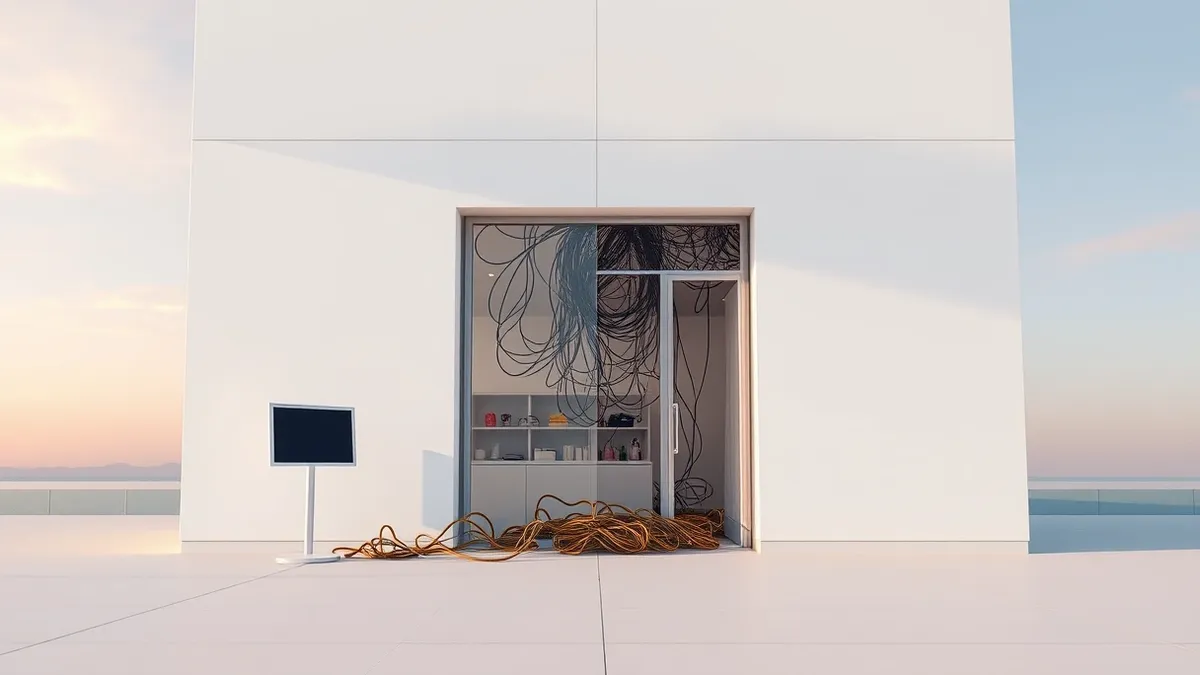 Illustration: A sleek white e-commerce storefront facade stands slightly ajar, revealing a chaotic tangle of loose wires and tangled cables spilling out from behind the clean surfa