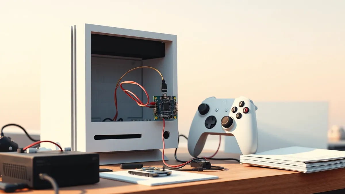 Illustration: A small microcontroller board with exposed pins rests on a cluttered workbench next to an open white gaming console.