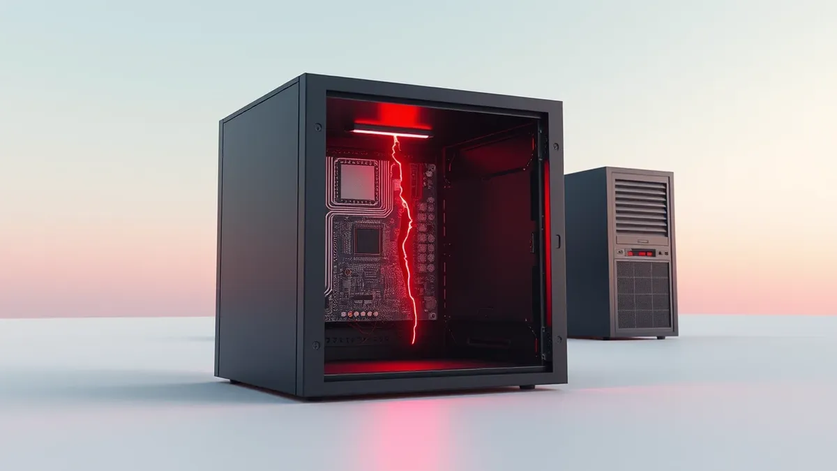 Illustration: A sleek black database server box sits isolated on a white surface with its side panel removed.