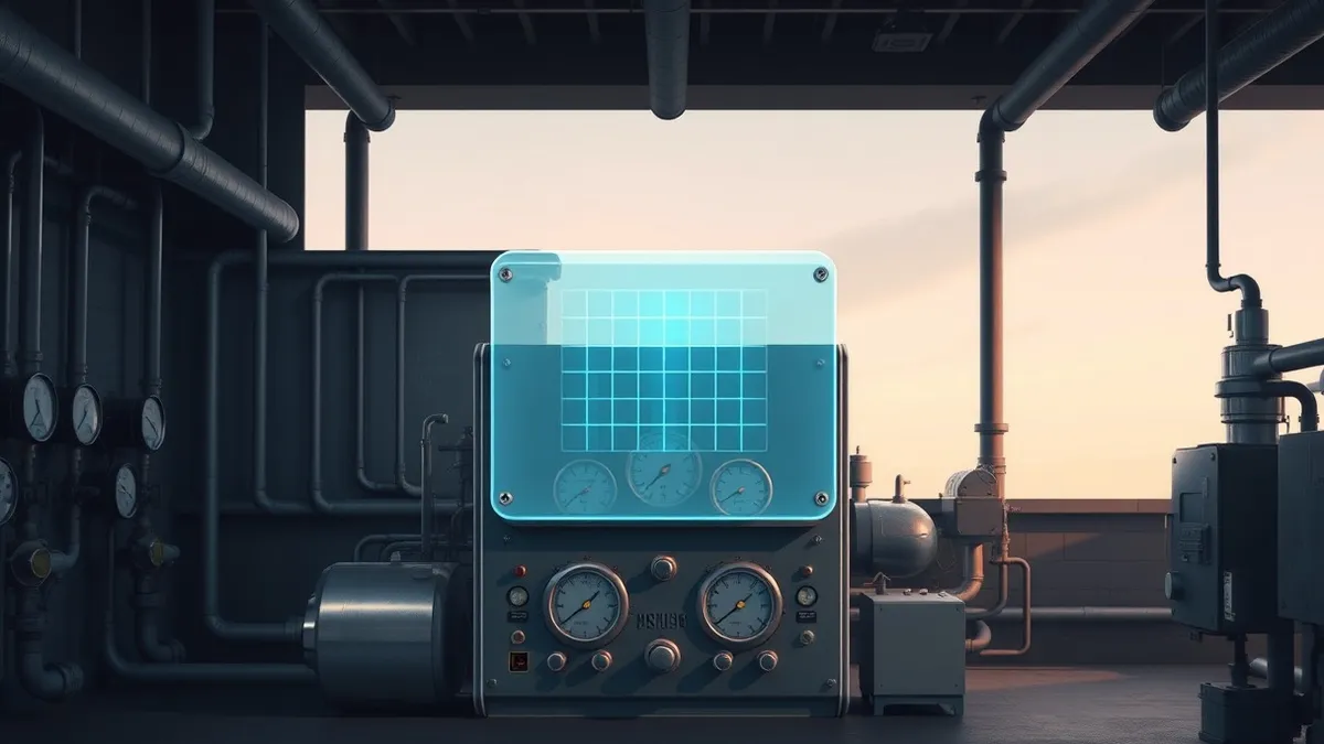 Illustration: A heavy steel industrial control panel sits in a dim maintenance bay, surrounded by thick insulated pipes and pressure gauges.