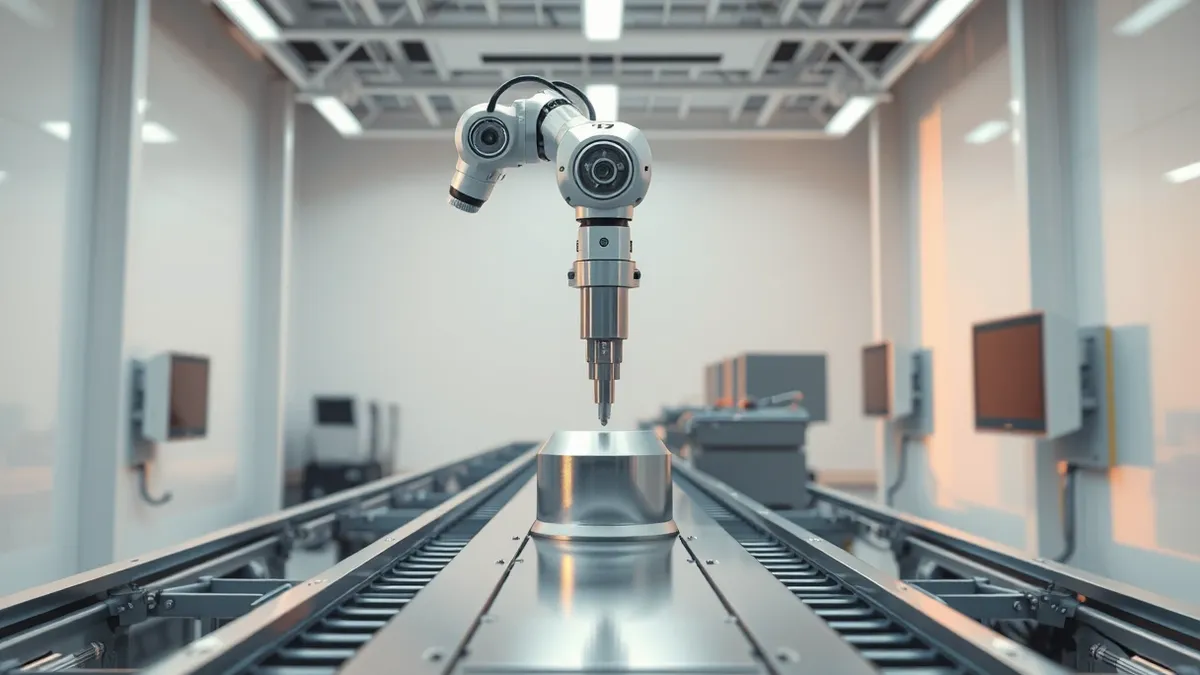 Illustration: A sleek robotic arm with multiple joints hovers precisely over a polished metal component on a clean factory assembly line.