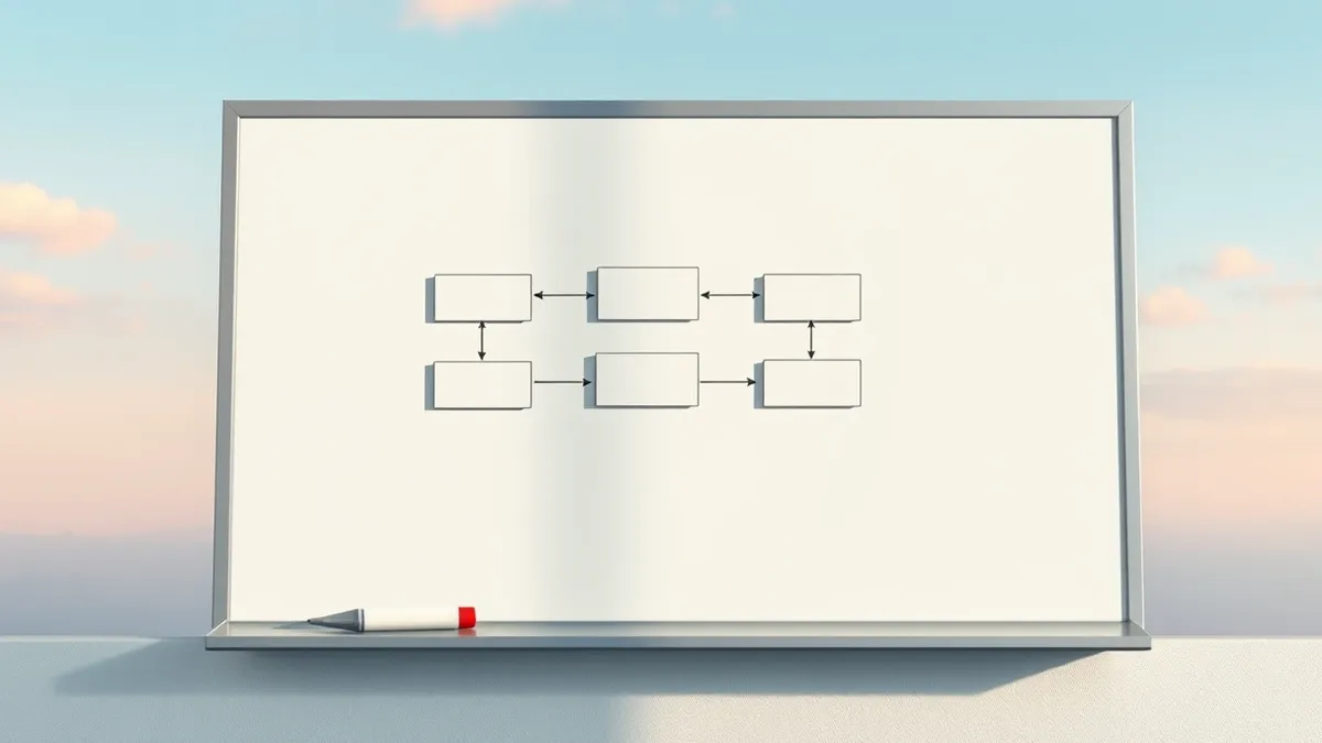 Illustration: A whiteboard displays a clean flowchart with blank rectangular boxes connected by straight arrows.