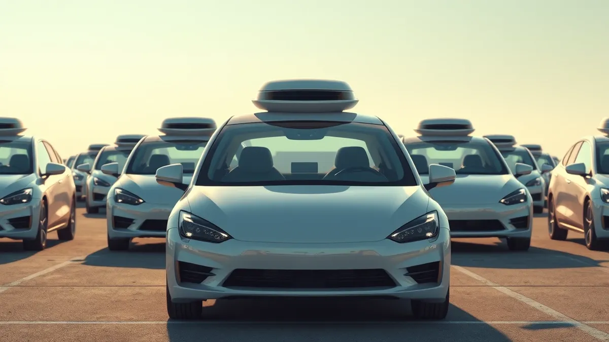 Illustration: A line of identical white autonomous taxis sits in a clean outdoor lot.