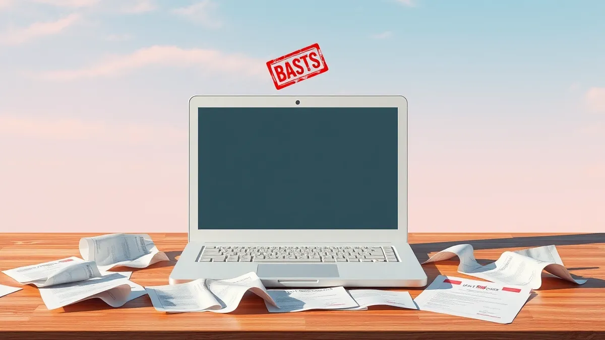 Illustration: A sleek white laptop sits on a wooden desk with its screen displaying a blank browser window.