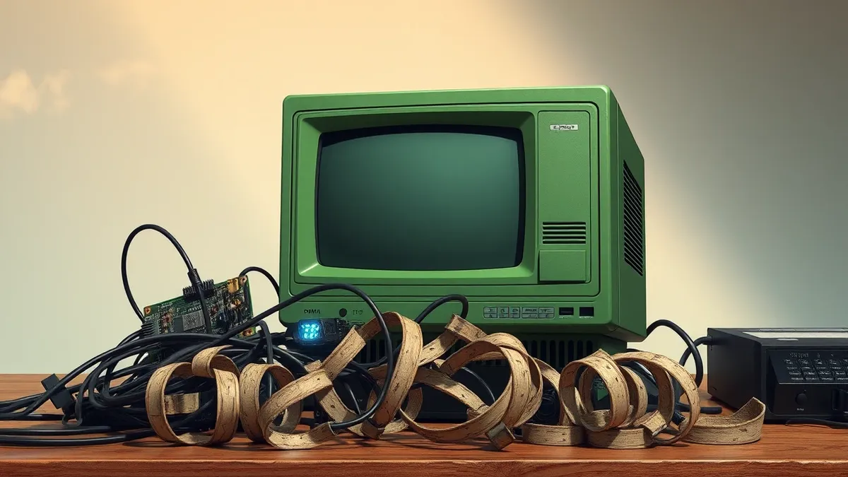 Illustration: A vintage green terminal monitor sits on a cluttered desk, its blank screen reflecting the glow of a single blue LED on a nearby motherboard.