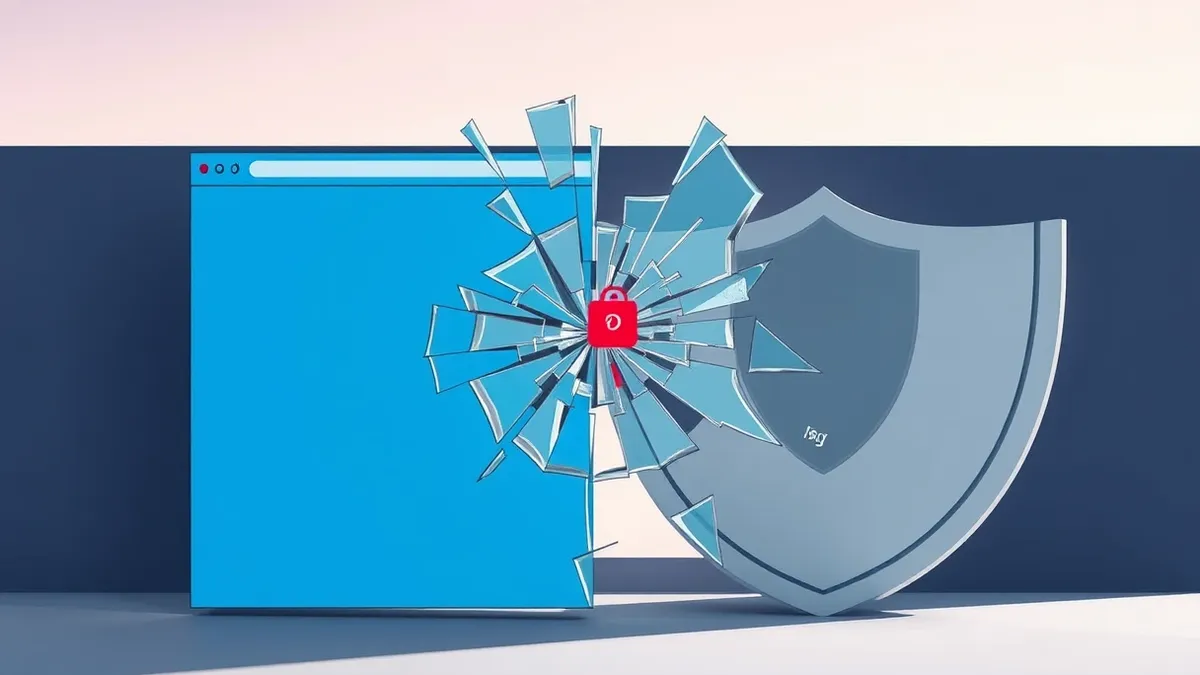 Illustration: A cracked blue browser window sits beside a shattered grey operating system shield.