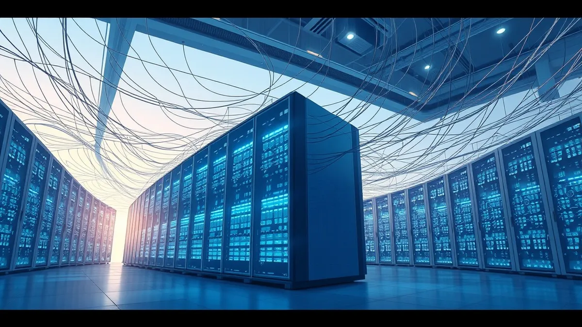 Illustration: A sleek server node pulses with soft blue light inside a modern data hall.