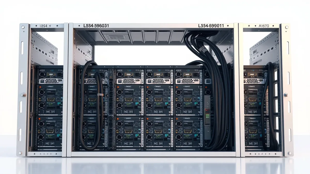Illustration: A row of compact server blades sits inside an open metal chassis.