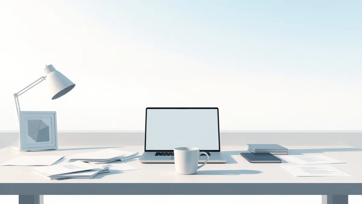 Illustration: A modern office desk holds a closed laptop and scattered blank papers.