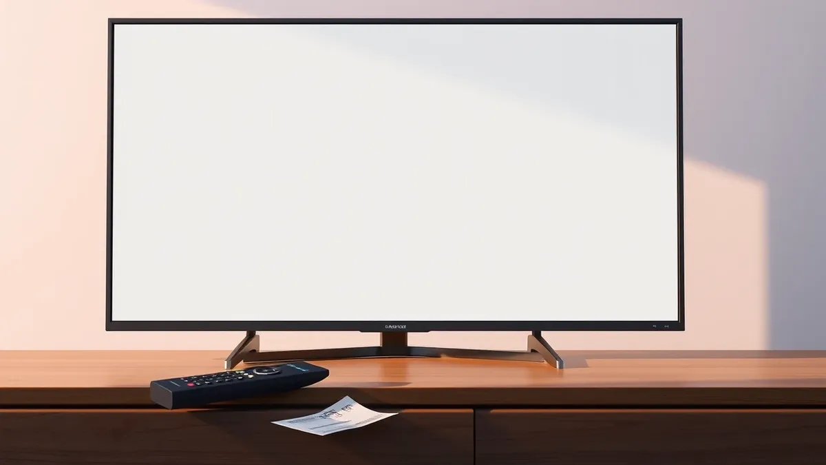 Illustration: A small black remote control rests on a wooden table beside a modern flat-screen television.