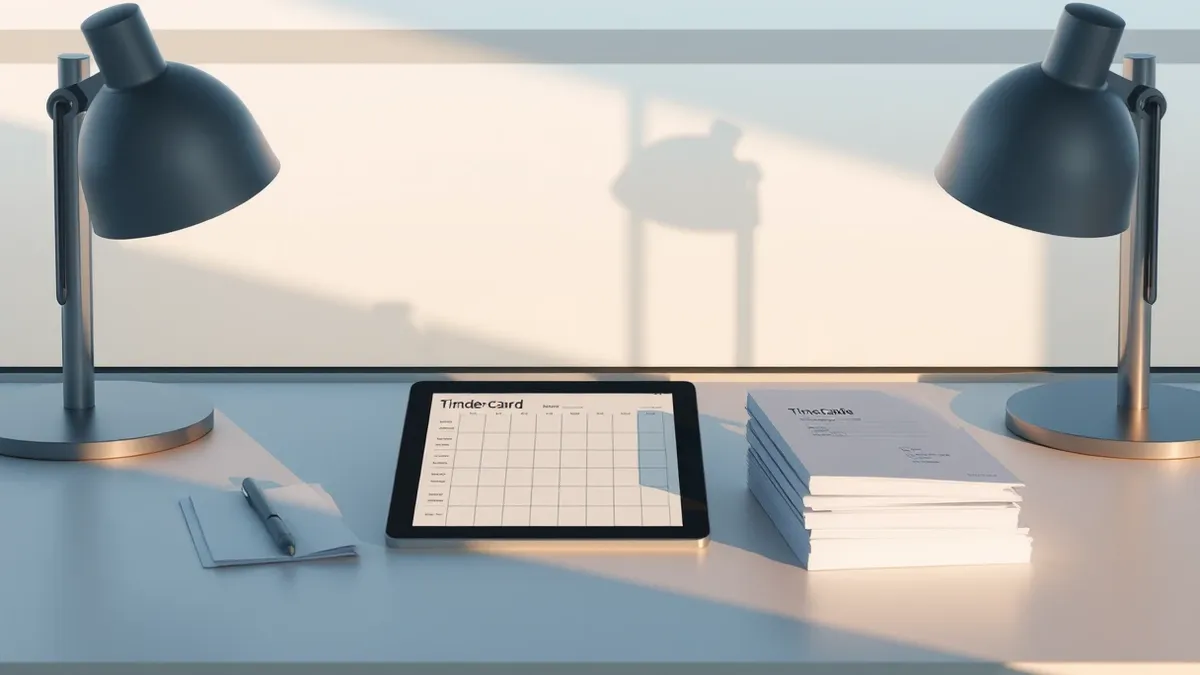 Illustration: A clean office desk holds a tablet displaying a blank grid schedule next to a stack of blank time cards.