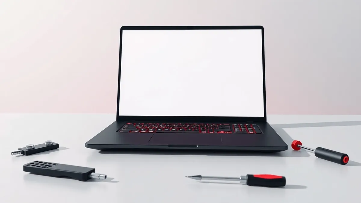 Illustration: A sleek black laptop sits open on a clean white desk.
