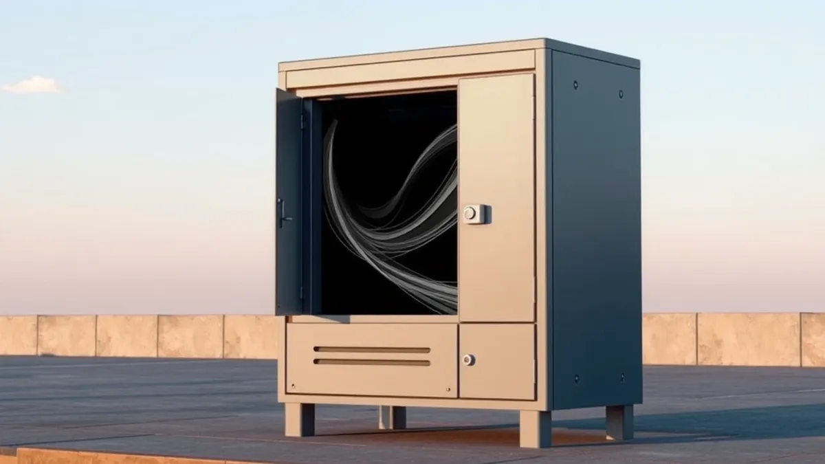 Illustration: A gray metal postal locker stands on a sidewalk with its door ajar.