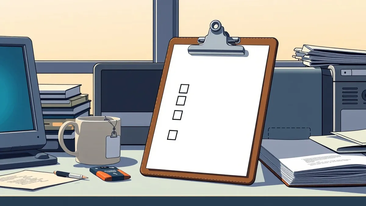 Illustration: A worn clipboard rests on a cluttered office desk beside a single security badge and a faded coffee mug.