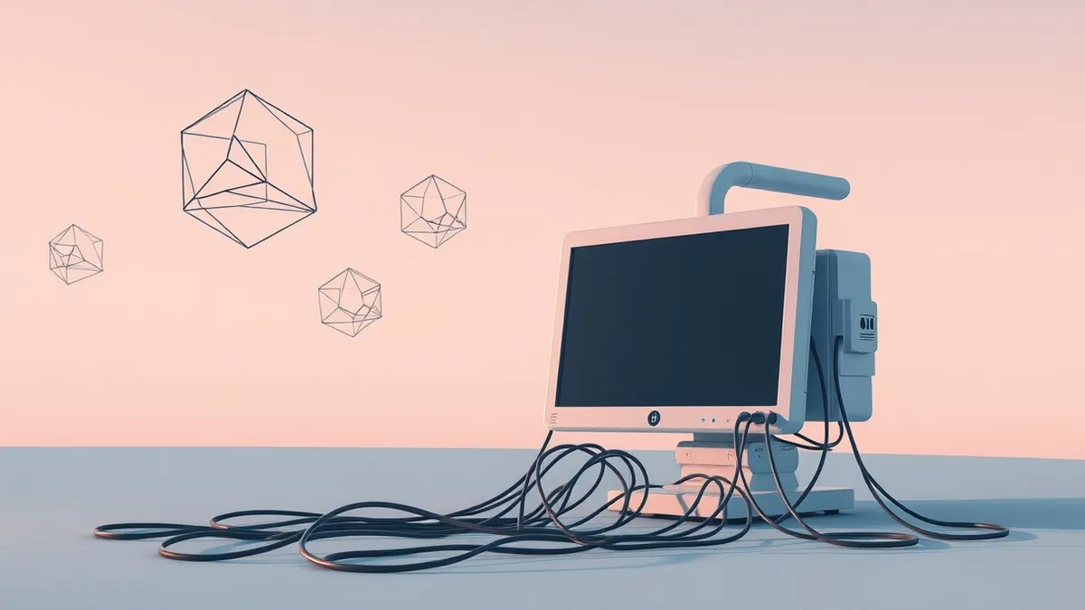 Illustration: A sleek medical imaging monitor sits connected to tangled cables.