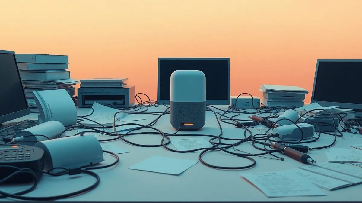 Illustration: A sleek voice assistant device sits abandoned on a cluttered office desk, its indicator light dimmed in frustration.