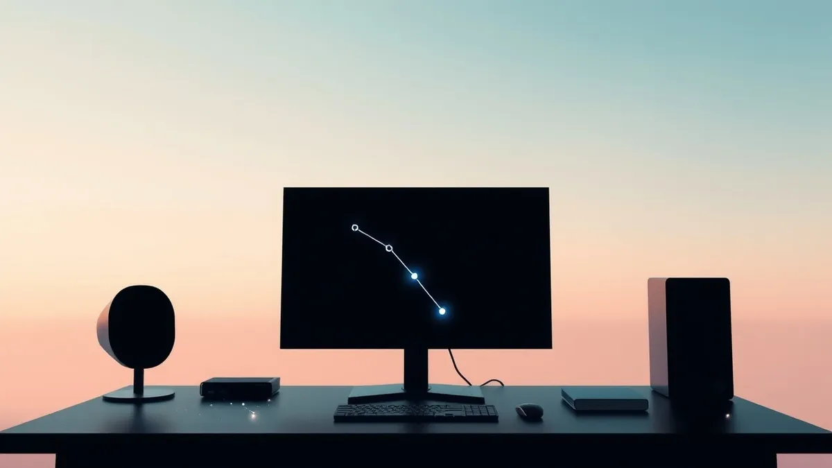 Illustration: A sleek black monitor sits on a desk, its blank screen reflecting faint abstract geometric shapes that suggest complex data connections.