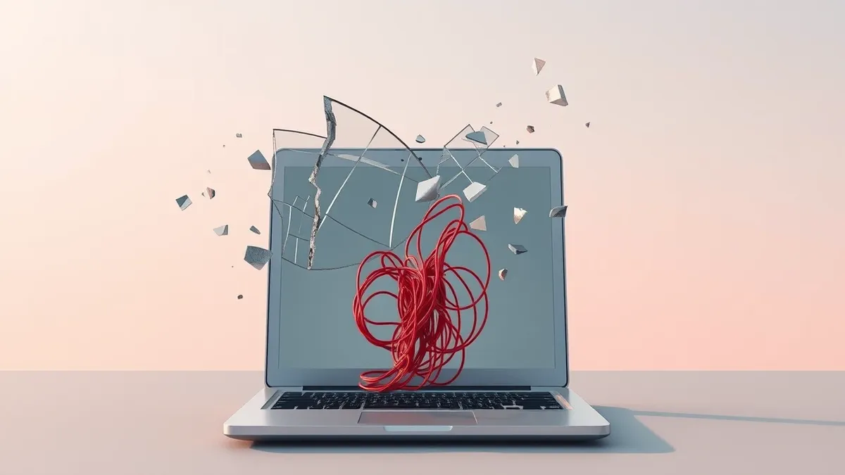 Illustration: A cracked glass shield floats above a generic laptop, revealing tangled red wires spilling from the breach into the device’s core.