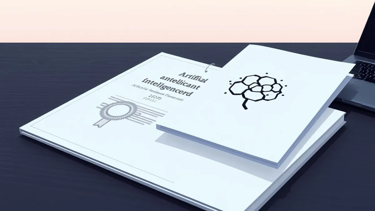 Illustration: A white certificate with an embossed seal lies flat on a dark wooden desk beside a black laptop.