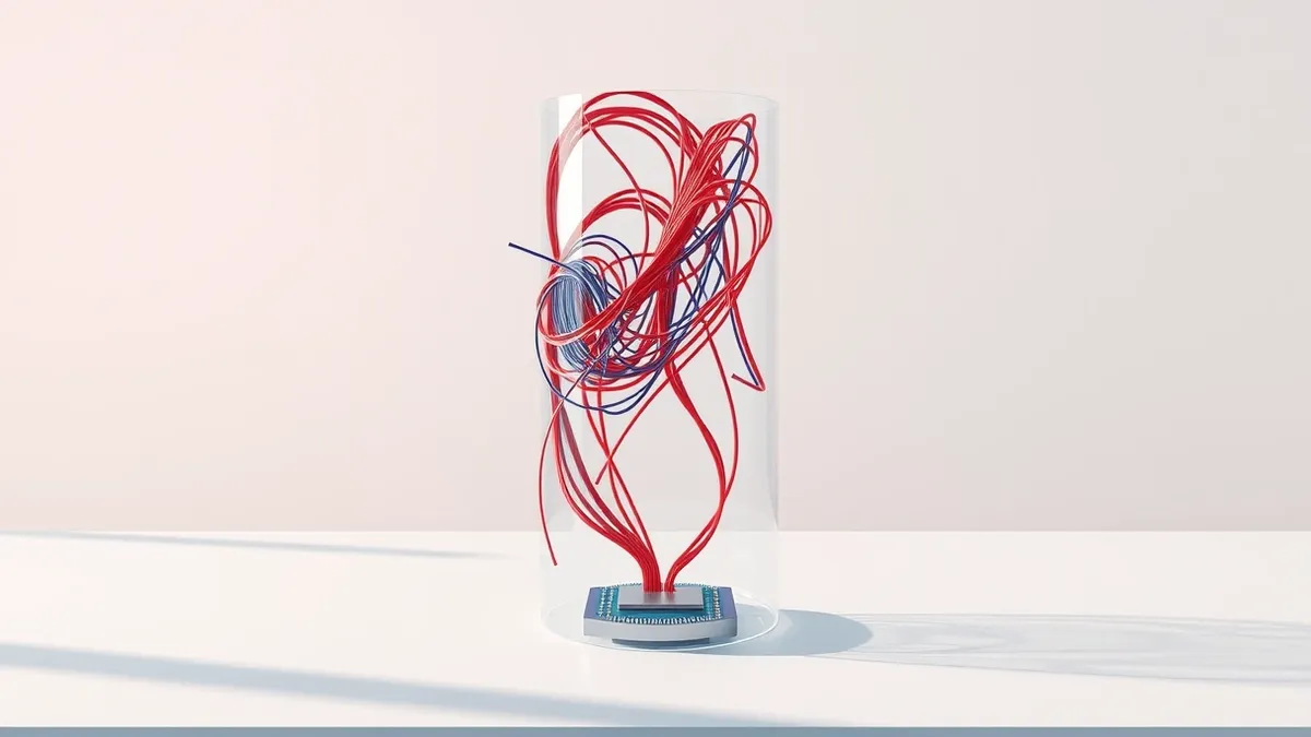 Illustration: A transparent glass cylinder sits on a clean desk, containing a tangle of red wires that are actively untangling and straightening into neat blue lines.