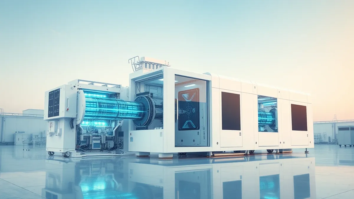 Illustration: A massive white lithography machine sits on a polished factory floor with its complex optical modules exposed.