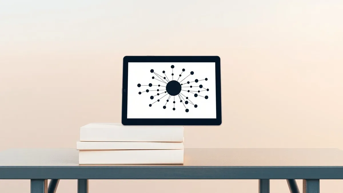 Illustration: A small metal workshop table holds a stack of blank white binders and a single sleek black tablet.