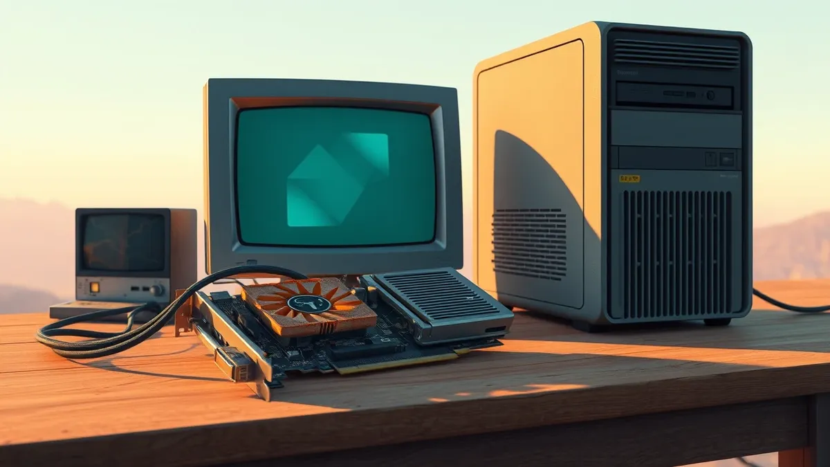 Illustration: A dusty graphics card rests on a wooden workbench next to a compact desktop computer.