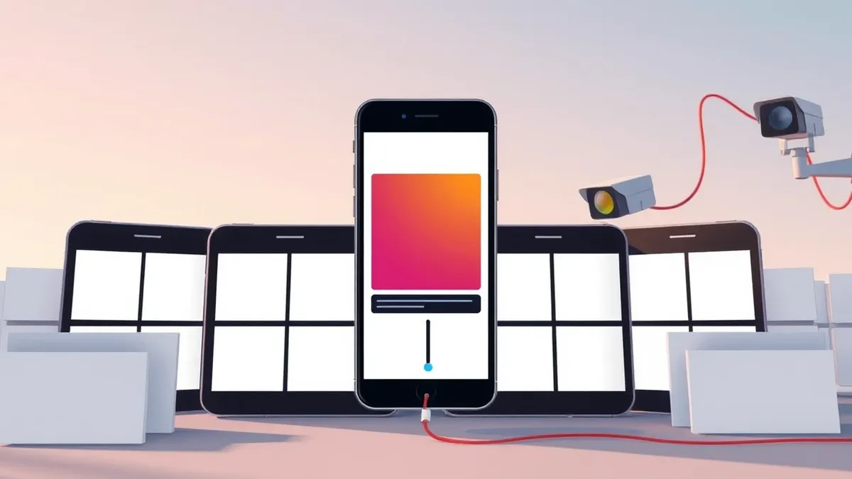 Illustration: A smartphone screen displays a colorful static advertisement among a feed of blank white content blocks.