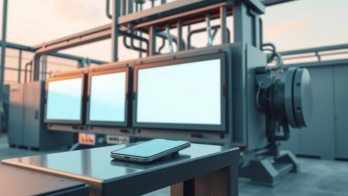 Illustration: A sleek smartphone rests on a metal workbench beside a heavy industrial control panel with blank digital displays.