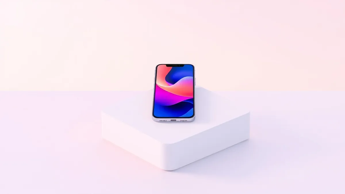 Illustration: A smartphone rests on a clean white surface, its screen displaying the smooth, colorful abstract interface of the new software update.