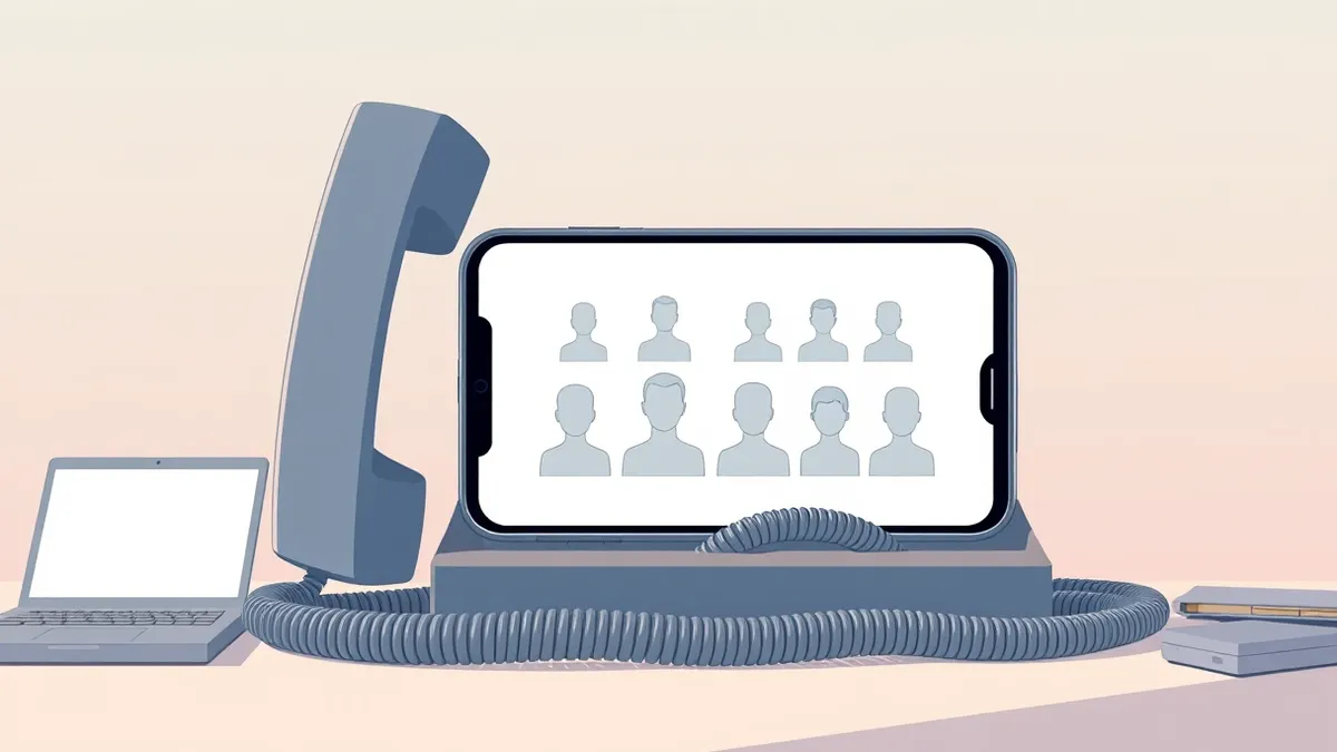 Illustration: A smartphone sits on a desk with a single telephone receiver cord wrapping around the device like a snake.