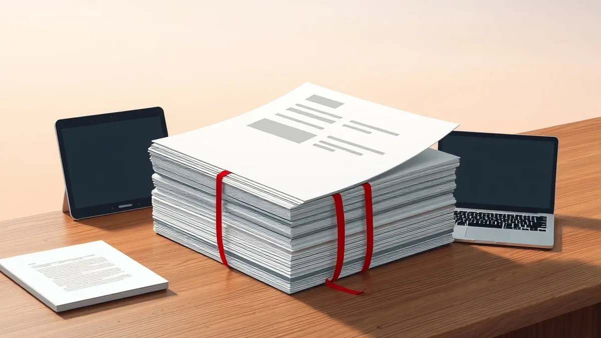 Illustration: A thick stack of plain white papers sits on a wooden desk, bound by a simple red ribbon.