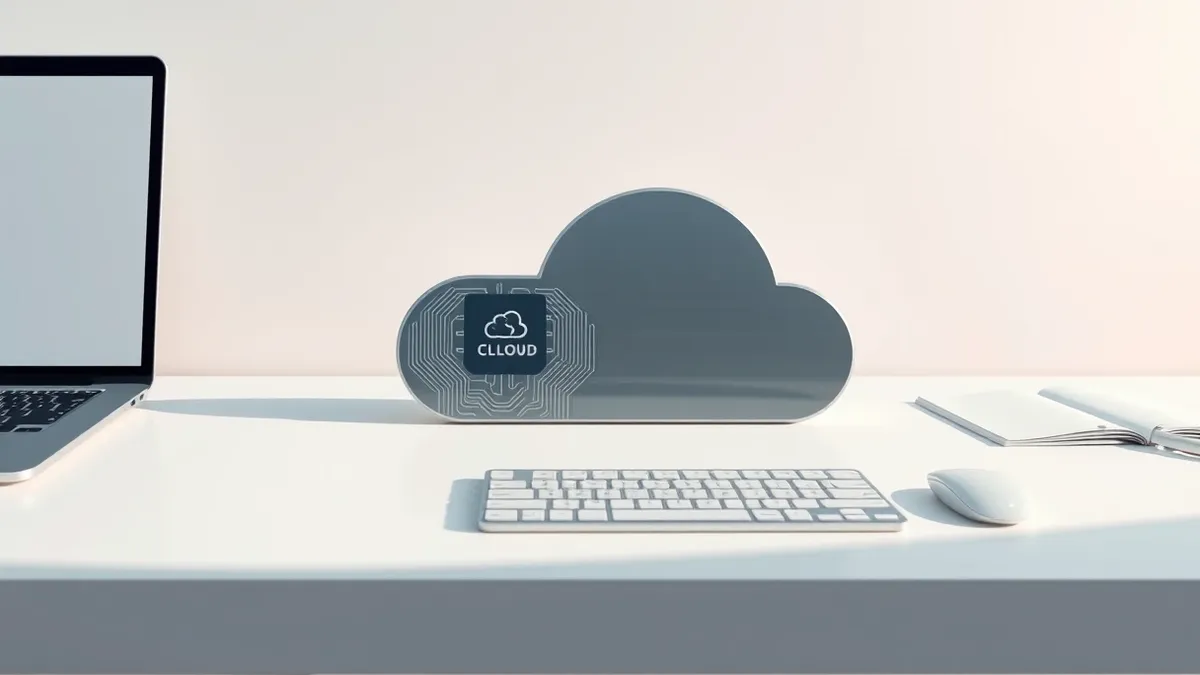 Illustration: A sleek, custom-designed silicon chip rests on a clean white desk beside a stylized cloud icon.