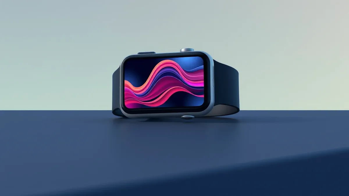 Illustration: A sleek smartwatch rests on a dark surface, its large rectangular screen displaying a vibrant abstract wave pattern.