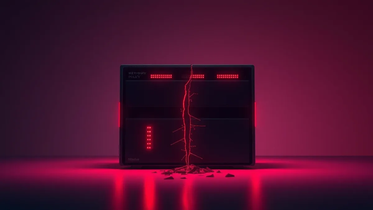 Illustration: A network policy server sits in a dark room, its chassis glowing with harsh red warning lights.