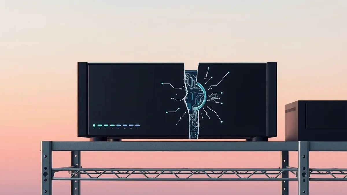 Illustration: A sleek black network security appliance sits on a metal shelf, its front panel displaying blank indicator lights.