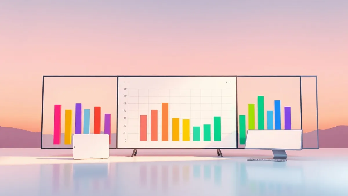 Illustration: A sleek, modern leaderboard application displays rows of colorful abstract bars representing performance metrics.