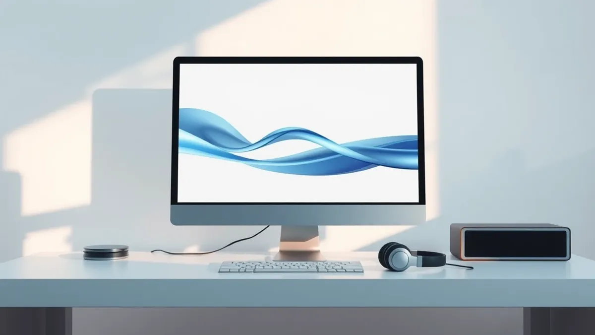Illustration: A sleek desktop computer sits on a clean white desk with headphones resting nearby.