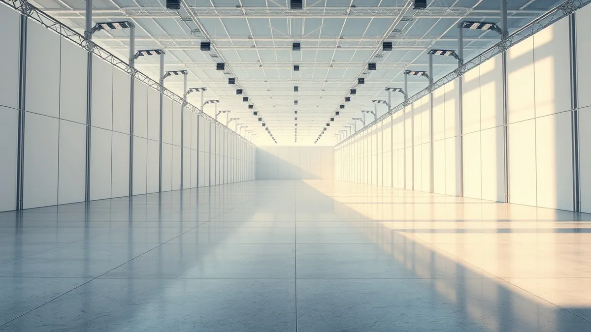 Illustration: A vast, empty expo hall floor stretches into the distance, marked by faint white grid lines on polished concrete.