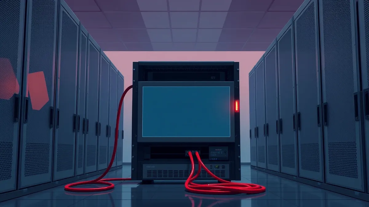 Illustration: A rack-mounted network security appliance sits in a dim server room, its front panel dominated by a single blank screen.