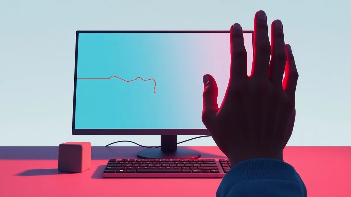 Illustration: A lone hand hovers over a keyboard next to a blank computer monitor.