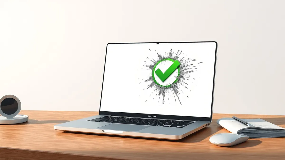 Illustration: A sleek silver laptop sits on a wooden desk with its screen displaying a single, stark green checkmark that is visibly cracking and dissolving into dust.