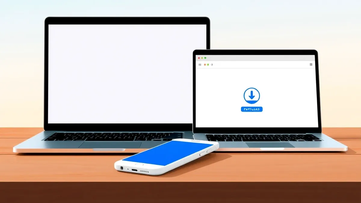 Illustration: A white smartphone rests on a wooden desk beside a laptop.