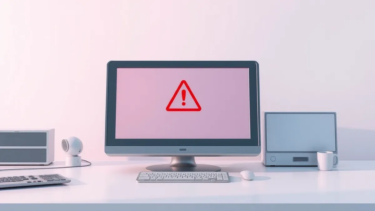 Illustration: A sleek, metallic command-line interface terminal sits on a clean desk, its screen displaying an abstract red warning triangle over a generic software package icon.
