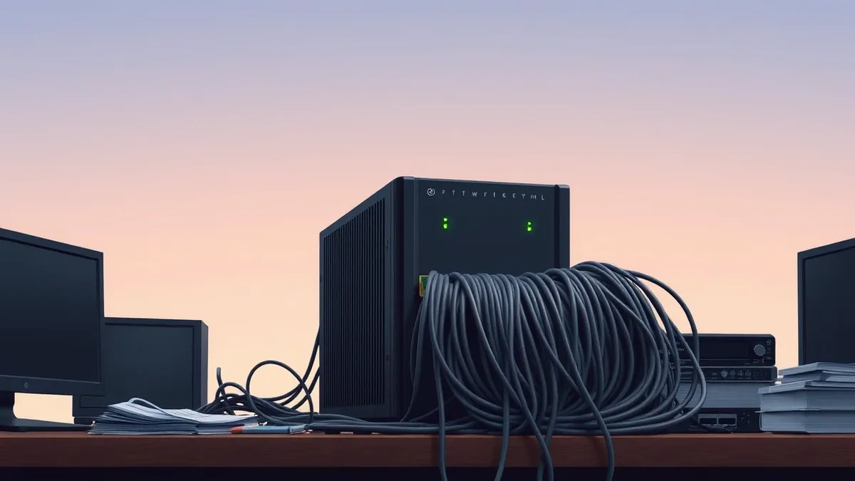 Illustration: A sleek black network appliance sits on a cluttered office desk, its status lights glowing steadily.