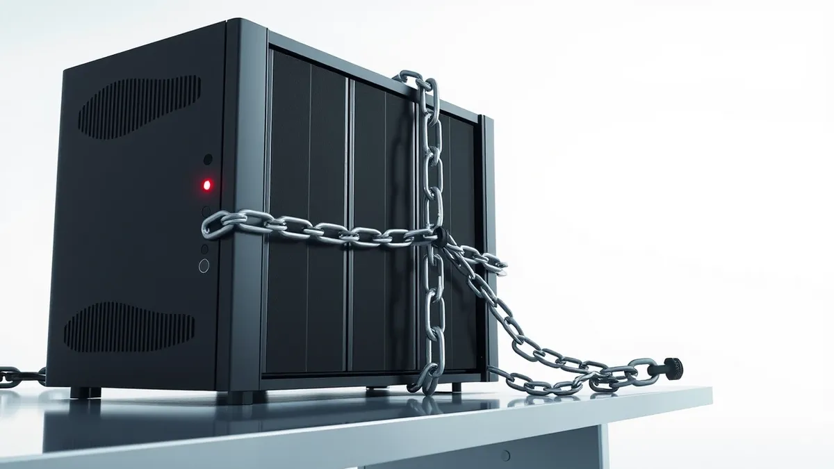 Illustration: A sleek black server blade sits on a cold metal desk, its single red status light blinking steadily.