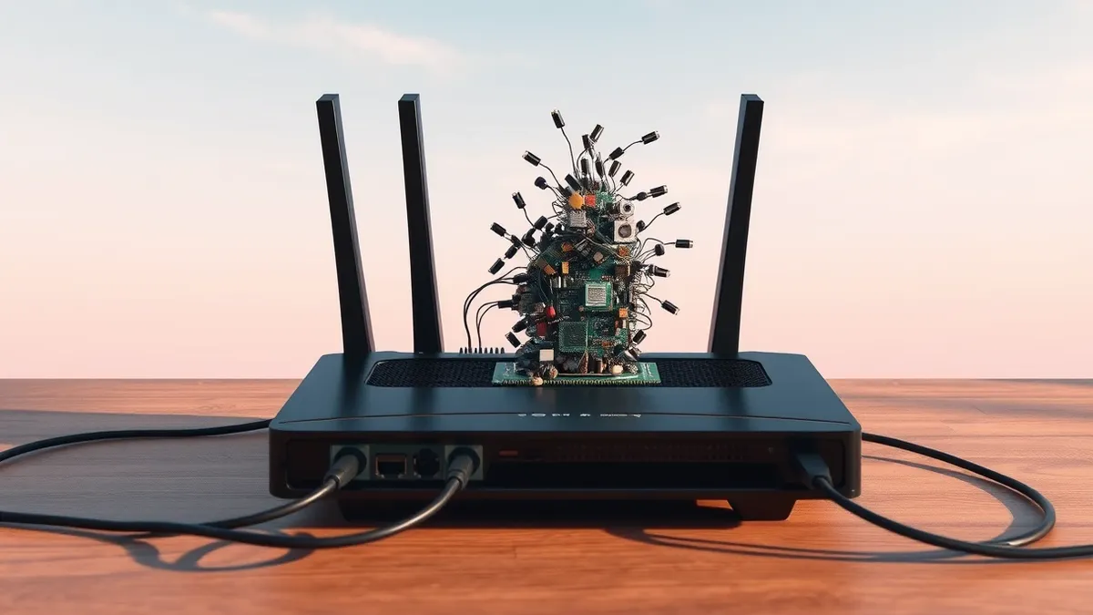 Illustration: A black wireless router sits on a wooden surface with several cables plugged into its rear ports.