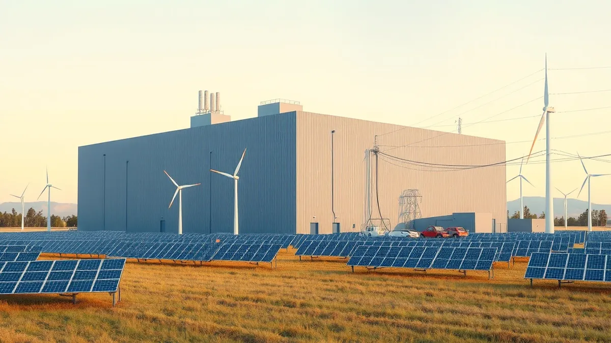 Illustration: A massive gray industrial building sits in a quiet field, surrounded by rows of solar panels and wind turbines.