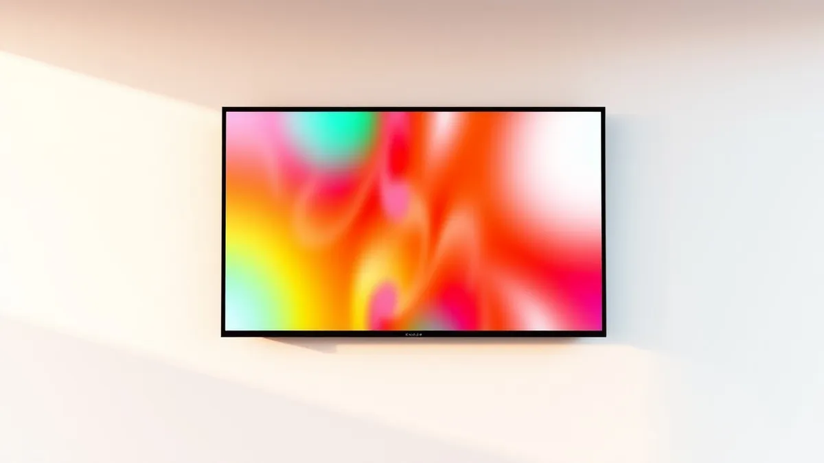 Illustration: A sleek flat-screen television hangs on a wall, its display showing vibrant, sharp abstract color blocks.