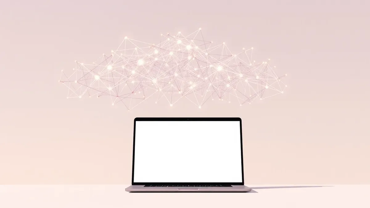 Illustration: A dense network of glowing nodes and connecting lines floats above a blank laptop screen.
